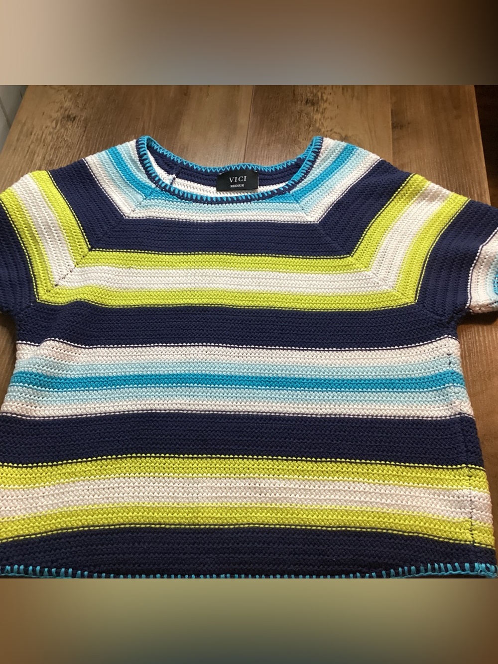 VICI Striped Crewneck Sweater - Navy, White, Aqua & Lime